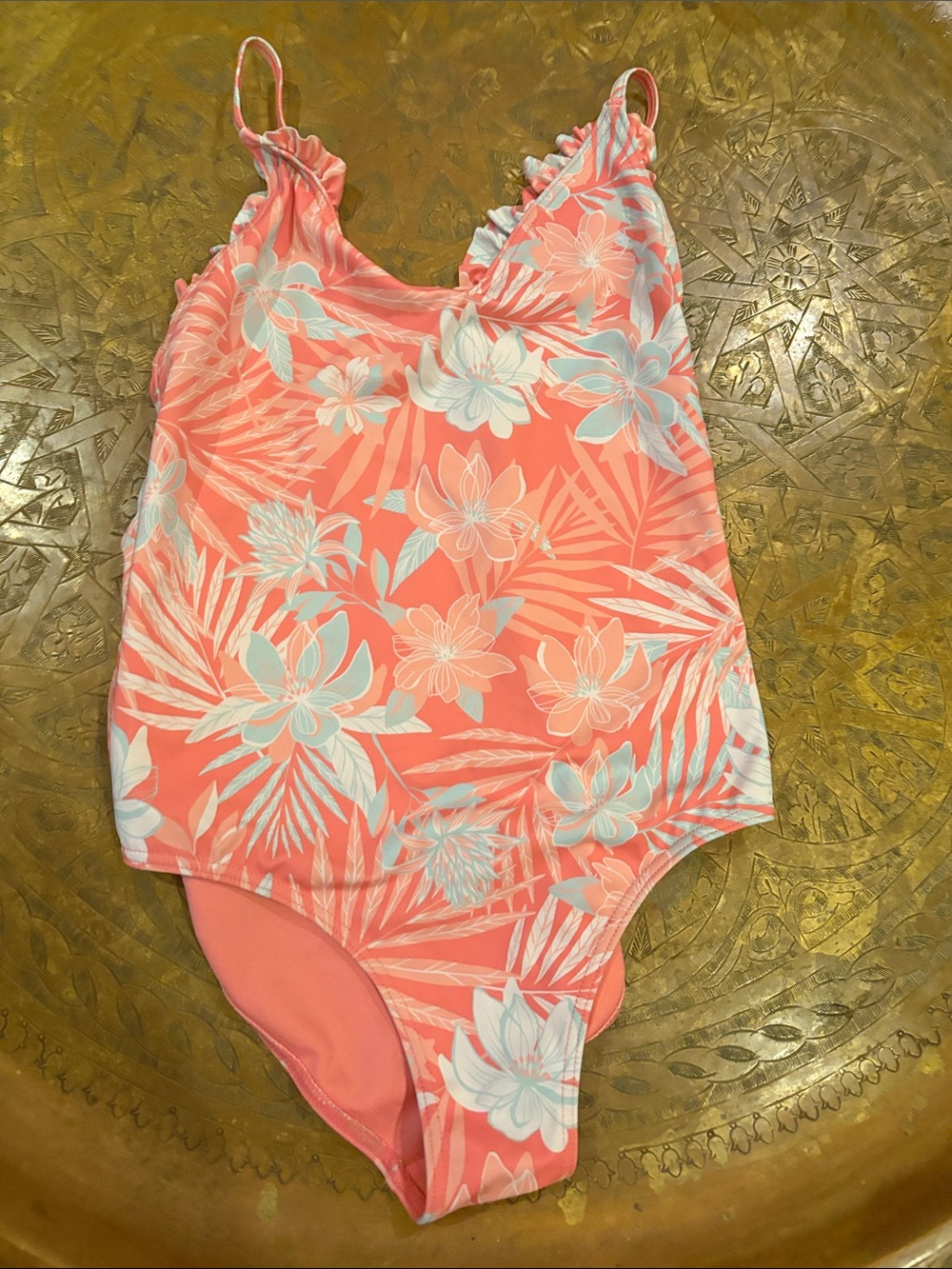 Roxy Girls' Coral Floral One-Piece Swimsuit with Light Blue Accents